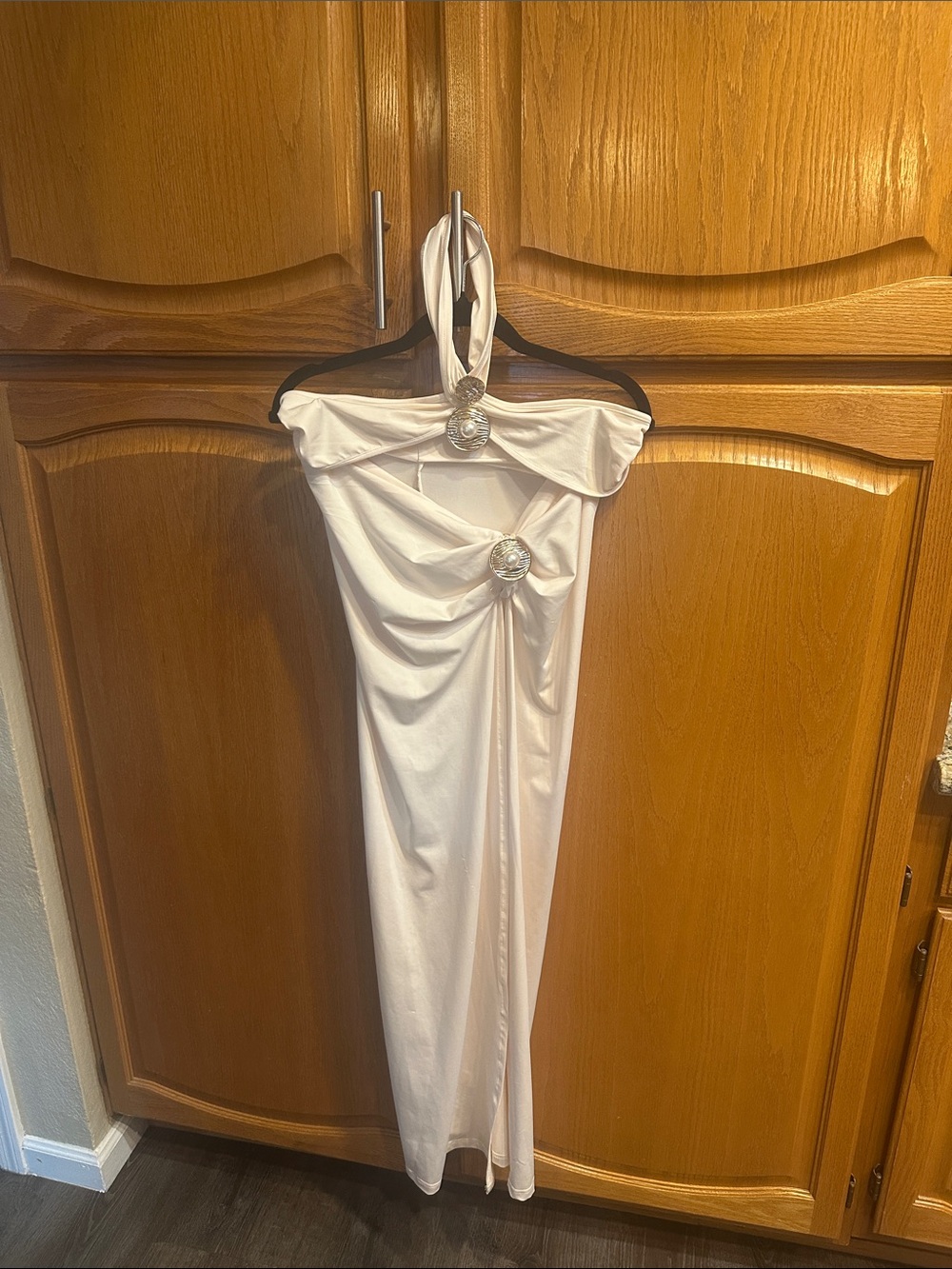 White Halter Top & Skirt w/ Crystal Accents and high Slit on Skirt. Brand New